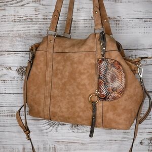 Tan Faux Leather Tote Bag with Snakeskin Accent